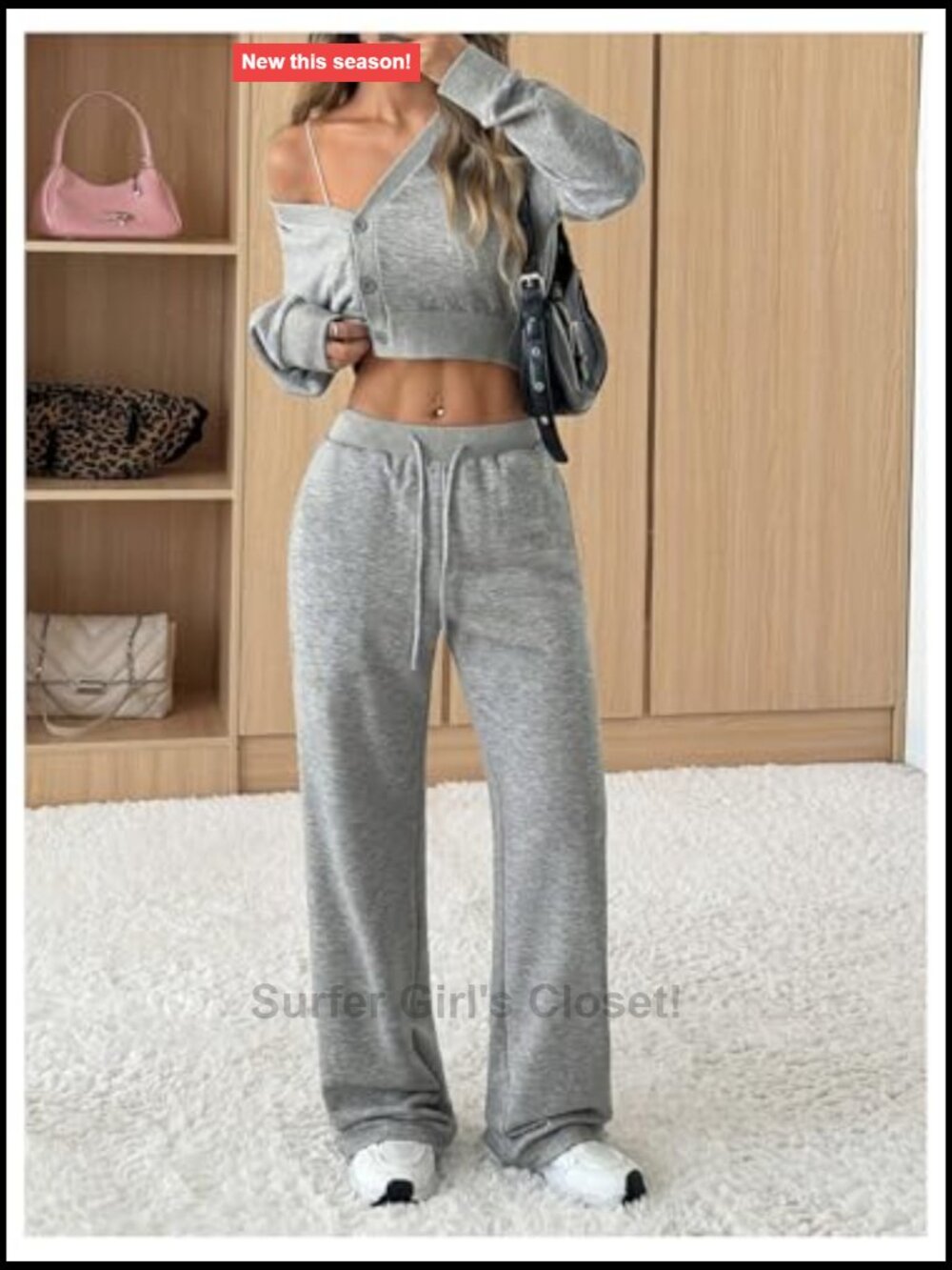 Women's Sweatsuit Set with Long Sleeve Button Down Crop Top and Straight Pants - Picture 4 of 4
